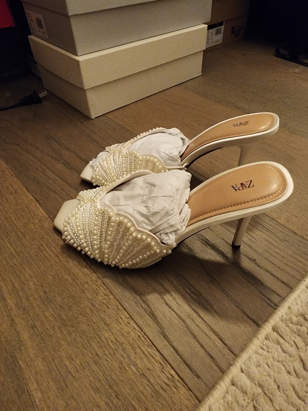 Zara Cream Pearl-Embellished Heeled Mules